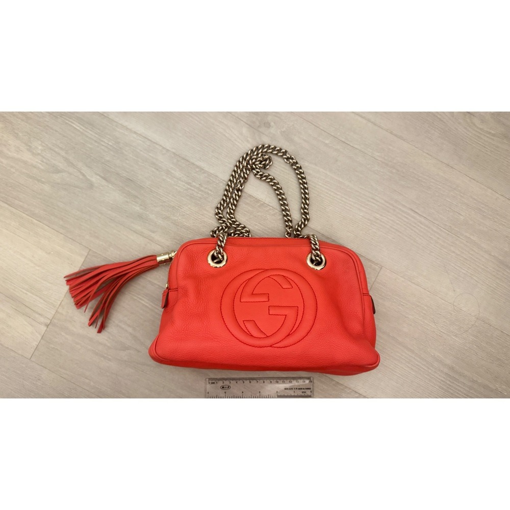 Gucci Soho Chain Shoulder Bag Orange Red Pebbled Leather Tassel 308983